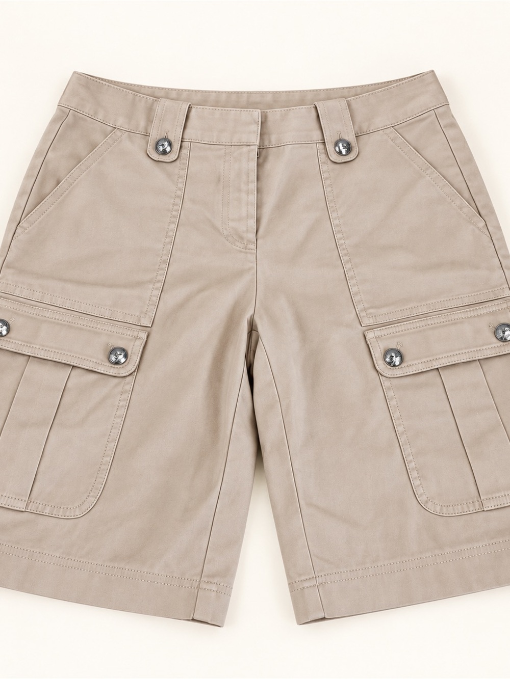 St. John Beige Cargo Bermuda Shorts Silver Logo Buttons Size 6